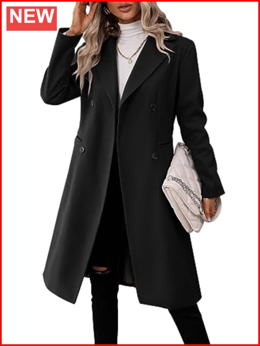 Women's Double Breasted Long Pea Coat Wool Blend Lapel Collar Winter Jacket